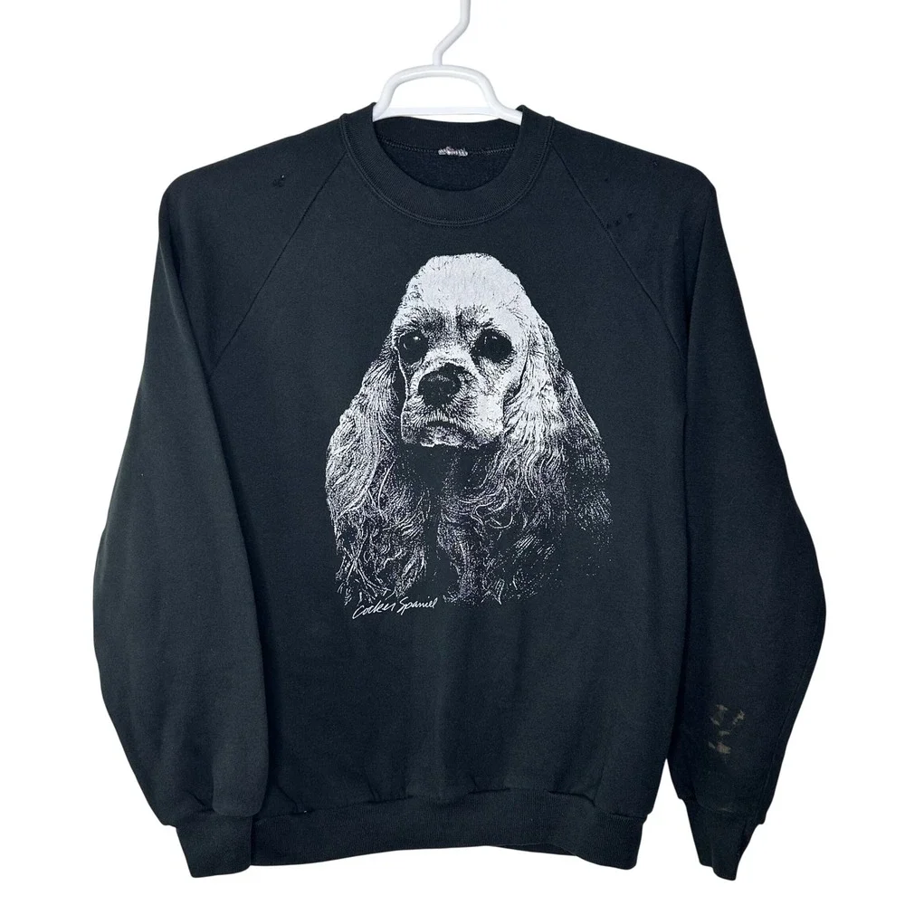 Vintage Cocker Spaniel Dog Sweatshirt Women Large Black White Graphic Distressed - Picture 1 of 10